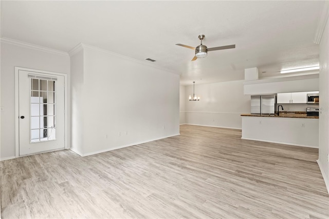 unfurnished living room featuring crown molding, sink, ceiling fan with notable chandelier, and light wood-type flooring