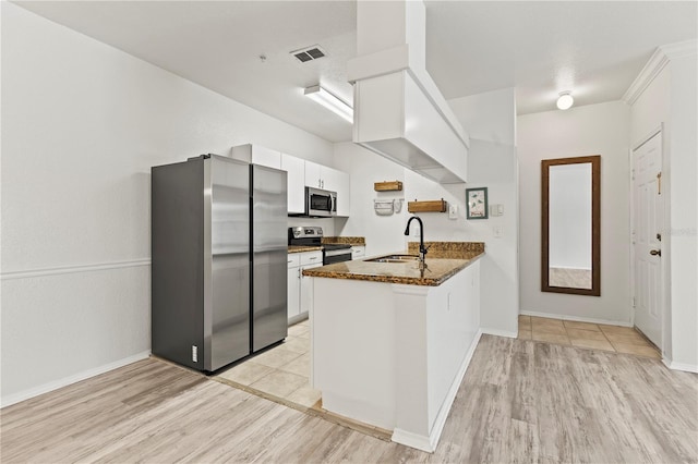 kitchen with white cabinetry, appliances with stainless steel finishes, sink, and kitchen peninsula