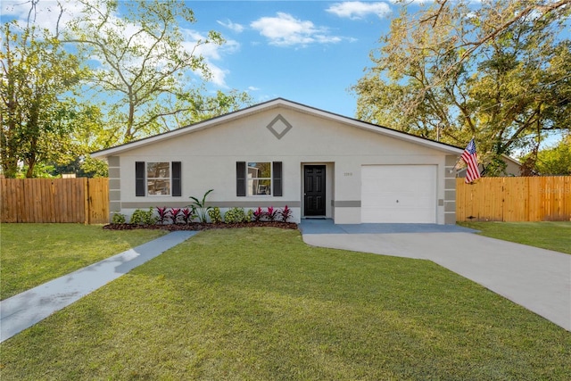 ranch-style home with a garage and a front yard