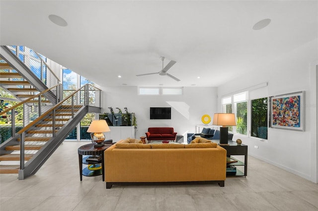 living room featuring ceiling fan