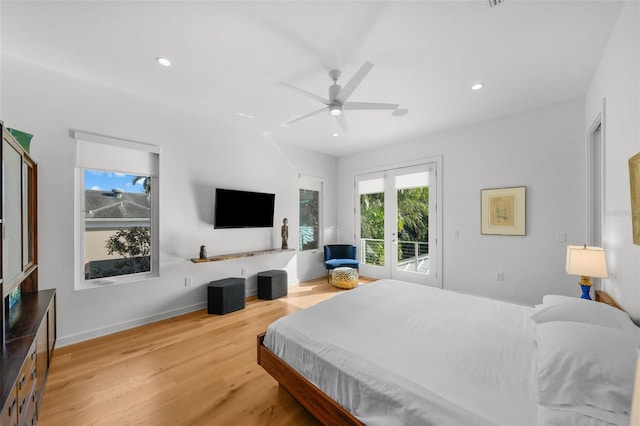 bedroom featuring hardwood / wood-style flooring, access to exterior, ceiling fan, and french doors