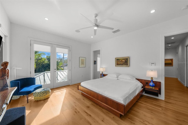 bedroom with light wood-style flooring, recessed lighting, visible vents, access to outside, and french doors