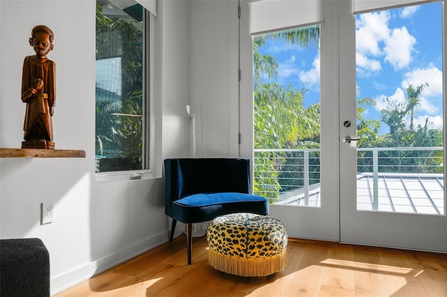 sitting room with french doors and light hardwood / wood-style flooring