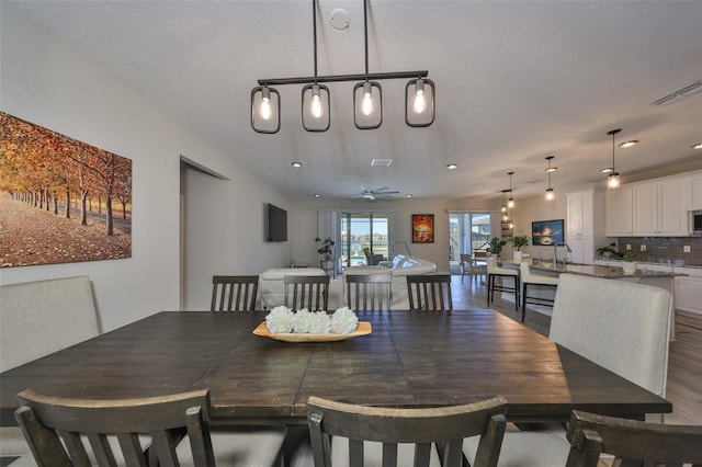 dining space featuring dark wood-type flooring, sink, a textured ceiling, and ceiling fan