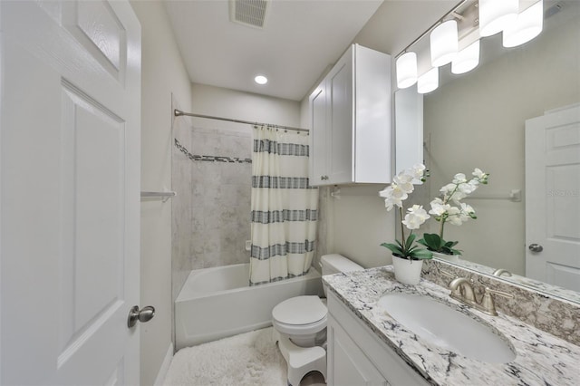 full bathroom with shower / bath combination with curtain, vanity, and toilet