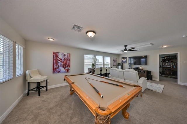 rec room with ceiling fan, pool table, carpet flooring, and a textured ceiling