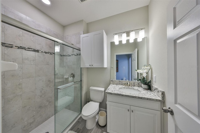 full bathroom featuring vanity, a shower stall, and toilet