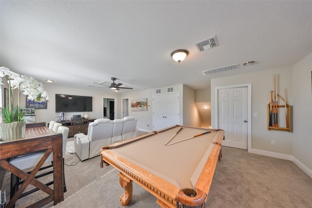 playroom featuring visible vents, light colored carpet, and pool table