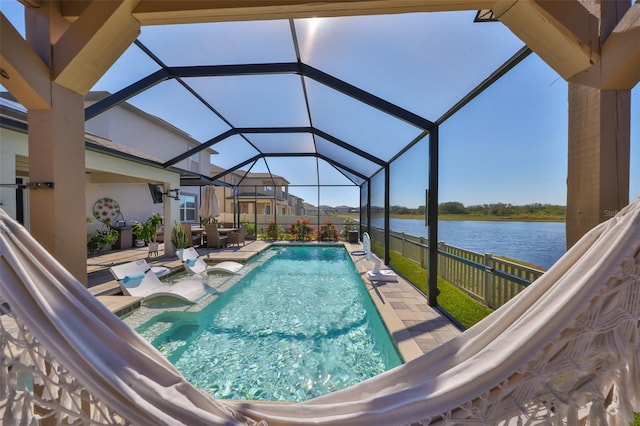 view of pool featuring a lanai, a fenced in pool, and a patio