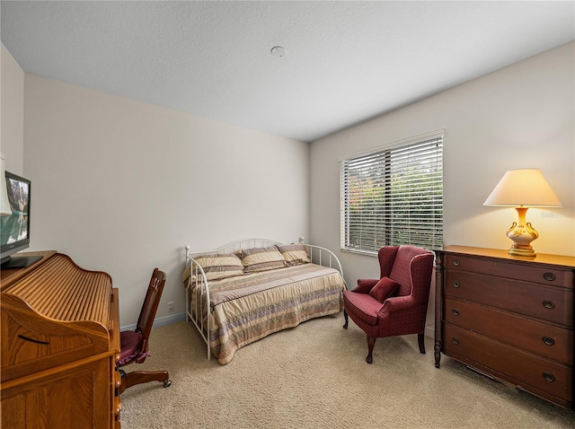 bedroom with light colored carpet