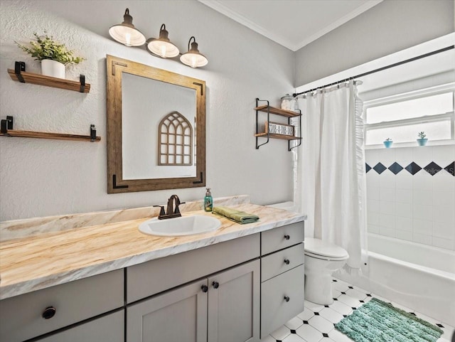 full bathroom with shower / tub combo with curtain, vanity, ornamental molding, and toilet