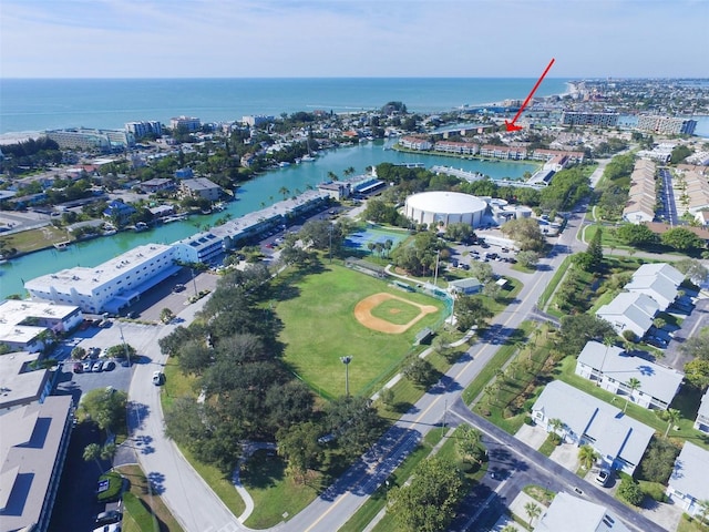 aerial view featuring a water view