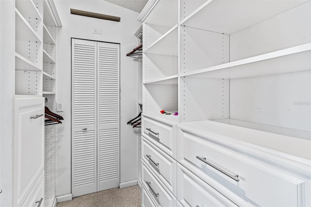 spacious closet featuring light carpet