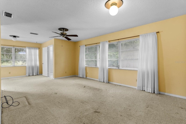 spare room with ceiling fan, carpet flooring, a wealth of natural light, and a textured ceiling