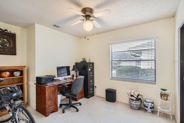 office area with a textured ceiling and ceiling fan