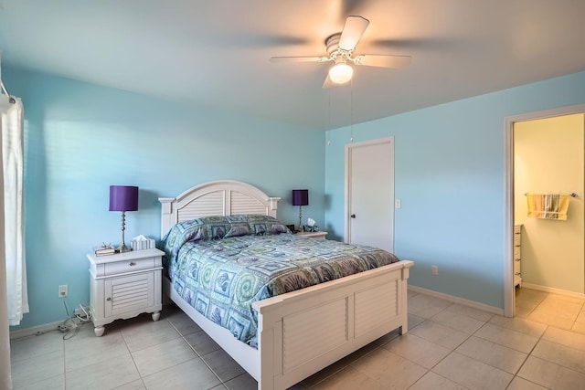 tiled bedroom with ceiling fan