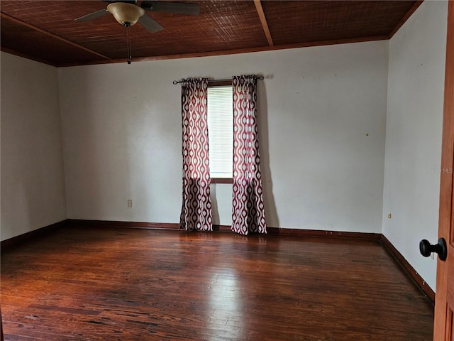 spare room featuring dark wood-type flooring, wood ceiling, and ceiling fan