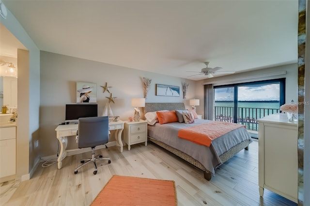 bedroom featuring access to outside, ceiling fan, and light wood-type flooring