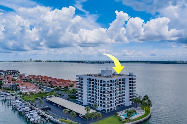 aerial view featuring a water view