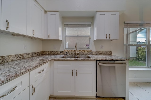 kitchen featuring white cabinetry, light stone countertops, sink, and stainless steel dishwasher