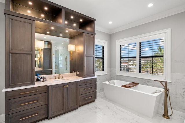 bathroom with vanity, ornamental molding, and separate shower and tub