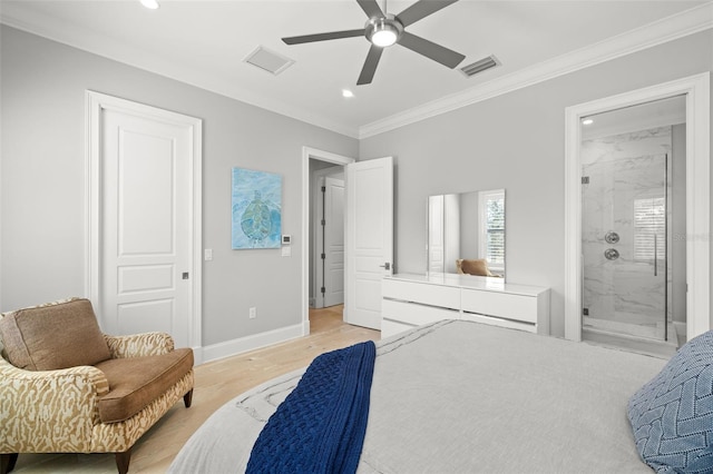 bedroom featuring crown molding, connected bathroom, ceiling fan, and light hardwood / wood-style floors