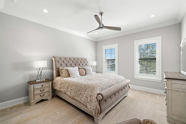 bedroom featuring light hardwood / wood-style flooring, ornamental molding, and ceiling fan