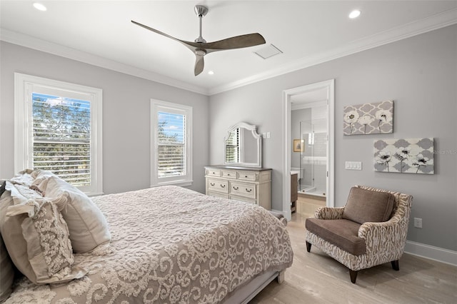 bedroom featuring connected bathroom, crown molding, light hardwood / wood-style flooring, and ceiling fan