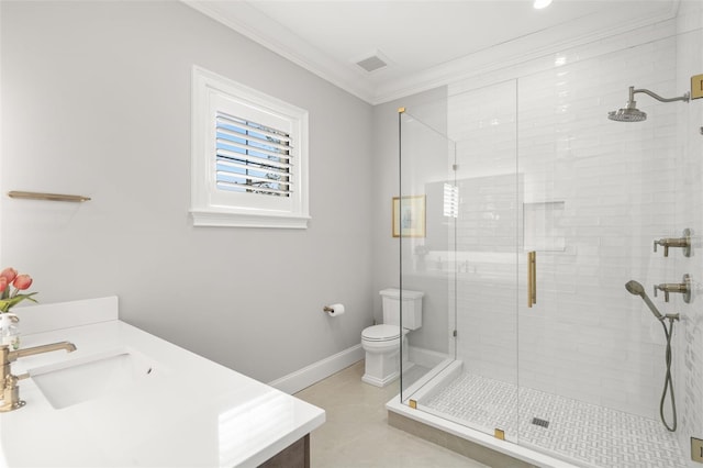 bathroom with ornamental molding, toilet, an enclosed shower, and vanity