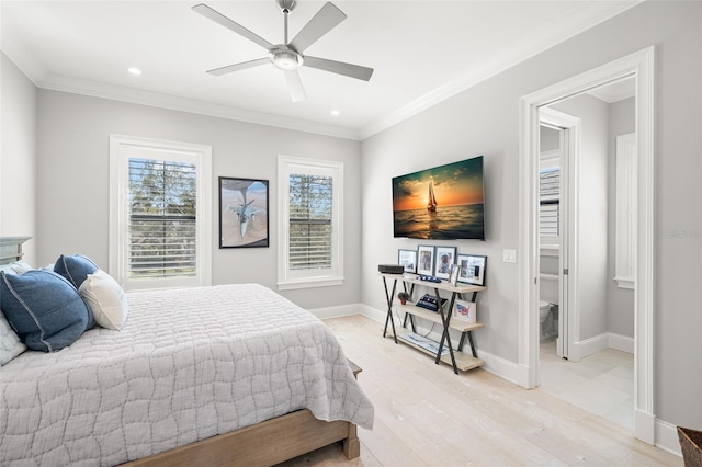 bedroom with crown molding, ceiling fan, and light wood-type flooring