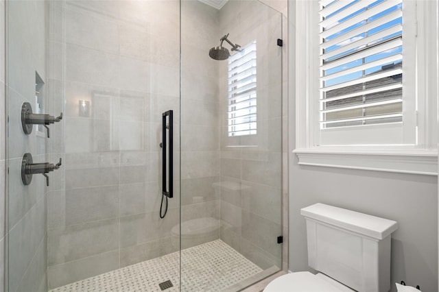 bathroom with toilet and an enclosed shower