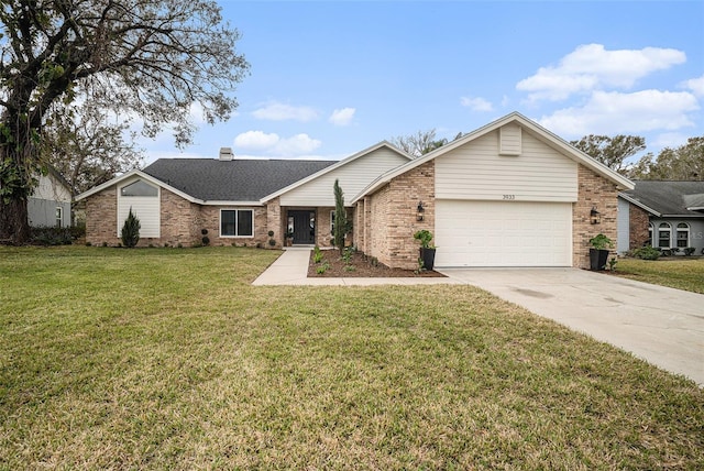 single story home with a garage and a front yard