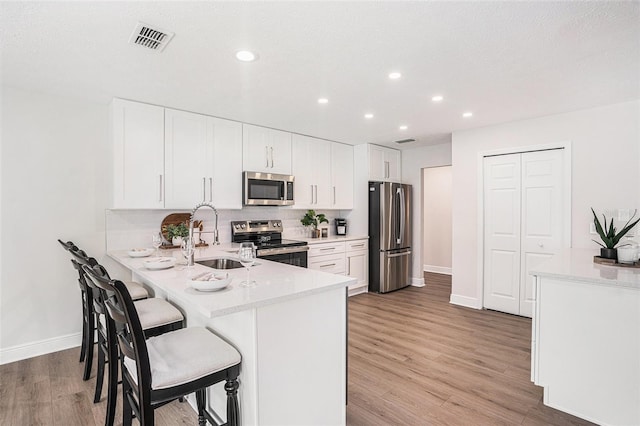 kitchen with appliances with stainless steel finishes, sink, white cabinets, decorative backsplash, and kitchen peninsula