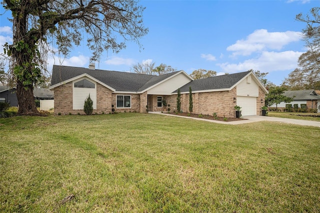 ranch-style house with a garage and a front lawn