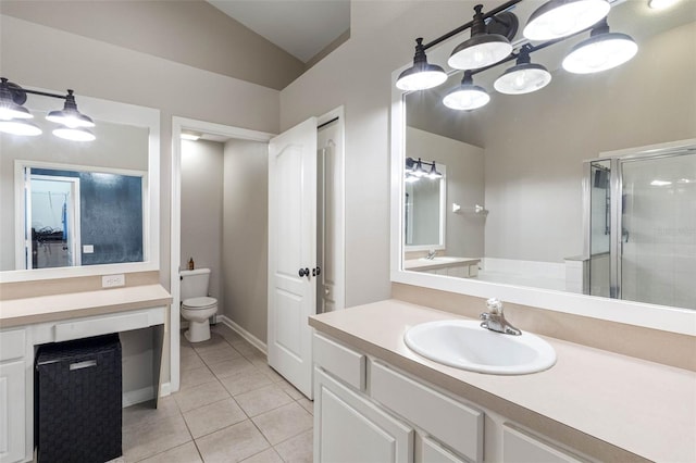 bathroom featuring a shower with shower door, lofted ceiling, vanity, toilet, and tile patterned floors