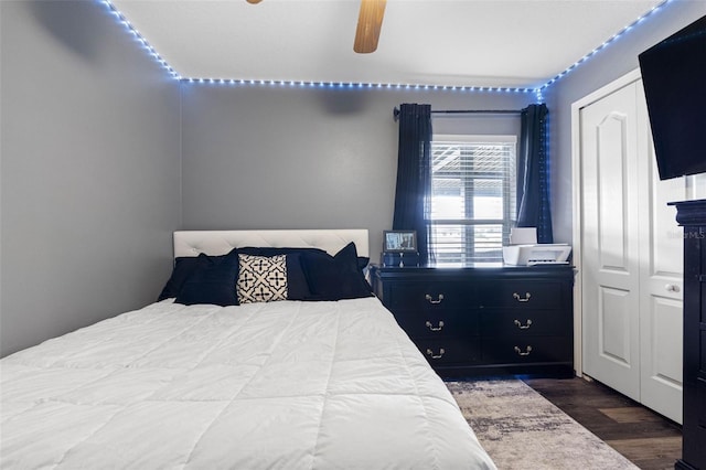 bedroom featuring dark hardwood / wood-style floors and ceiling fan