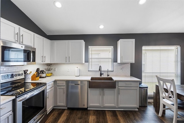 kitchen featuring white cabinetry, stainless steel appliances, dark wood-type flooring, and sink