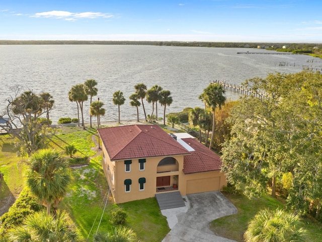 drone / aerial view featuring a water view