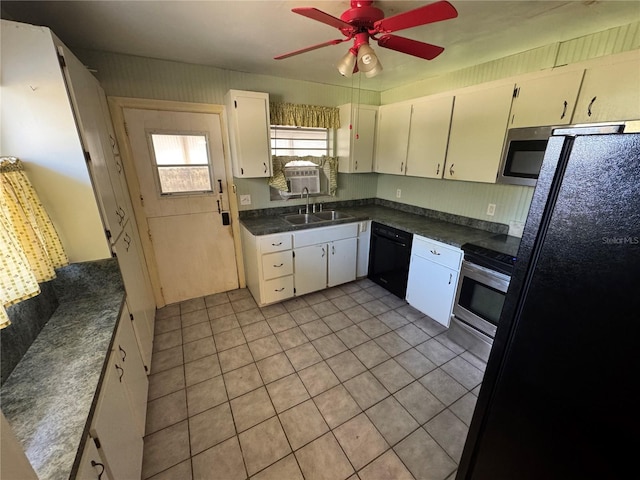 kitchen with sink, light tile patterned floors, ceiling fan, and black appliances