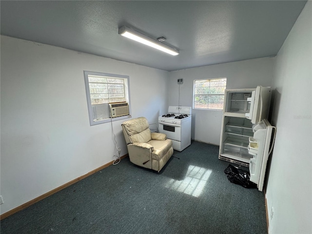 sitting room with cooling unit, a textured ceiling, and dark colored carpet