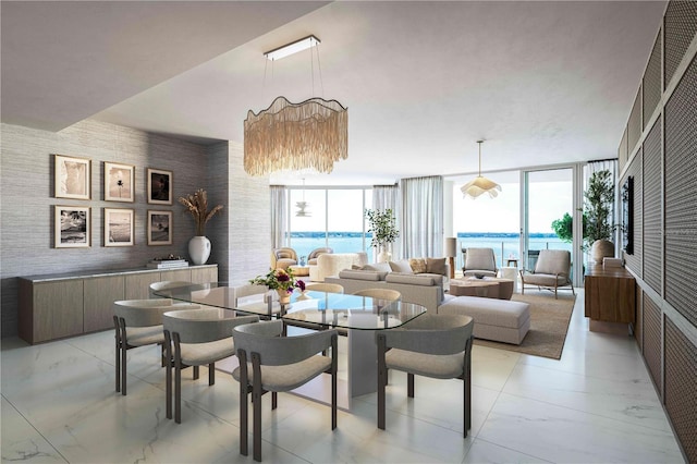 dining room with floor to ceiling windows and a water view