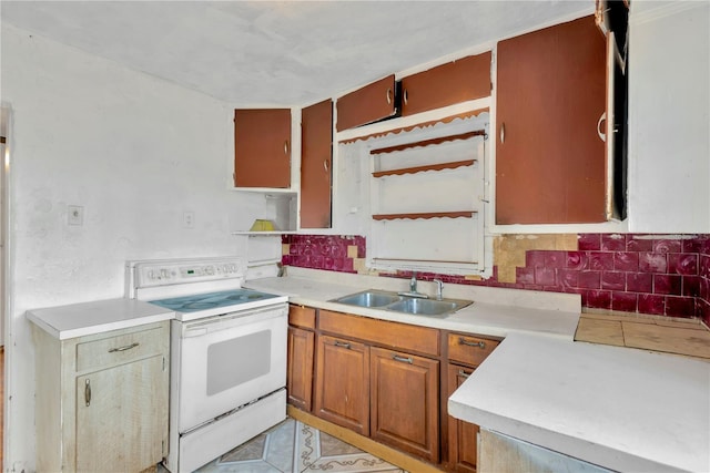 kitchen with sink, backsplash, and white electric range oven