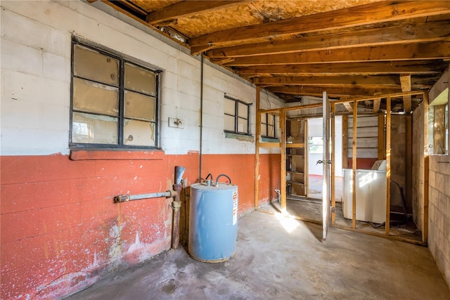 view of stable featuring washer / clothes dryer and water heater