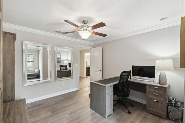 office with ceiling fan, ornamental molding, and light hardwood / wood-style floors