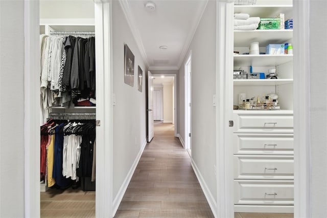 hallway featuring hardwood / wood-style flooring and crown molding