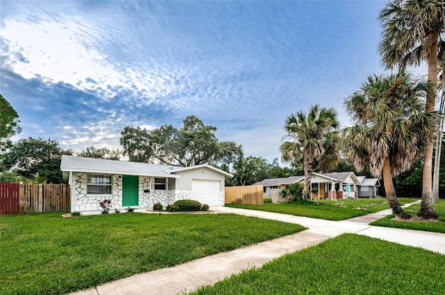 ranch-style home with a garage and a front lawn