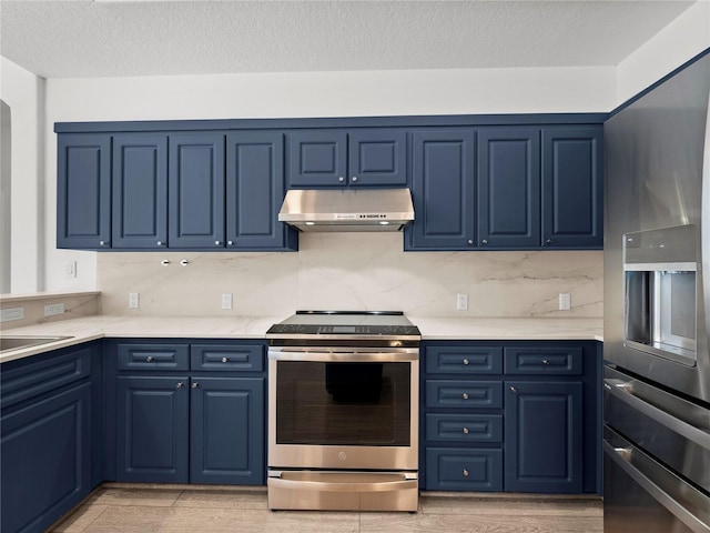 kitchen with backsplash, stainless steel appliances, extractor fan, light hardwood / wood-style floors, and blue cabinets