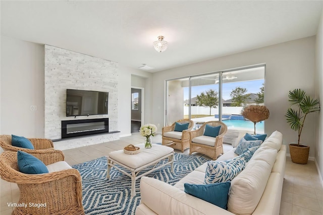 living room with a fireplace