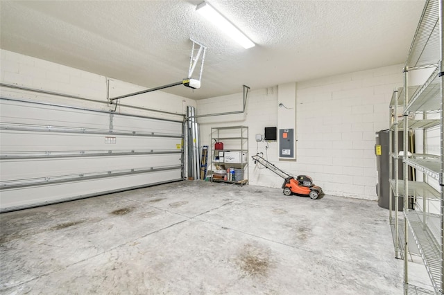 garage with a garage door opener, electric panel, and water heater