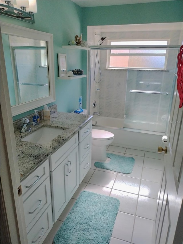 full bathroom featuring vanity, tile patterned flooring, toilet, and tiled shower / bath